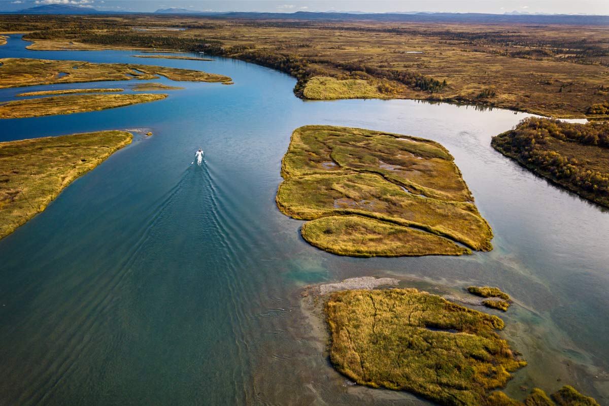 Aerial view of jet boating up the Kvichak River
