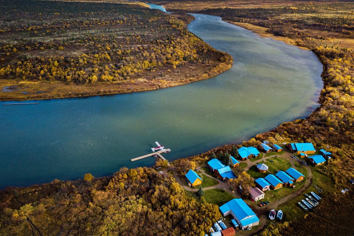Aerial view of NoSeeUm Lodge on the Kvichak River