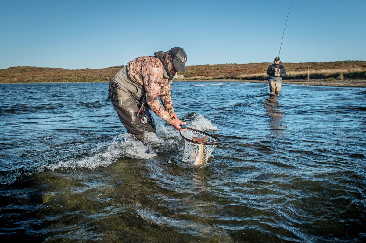 Netting Alaska fish caught fly fishing