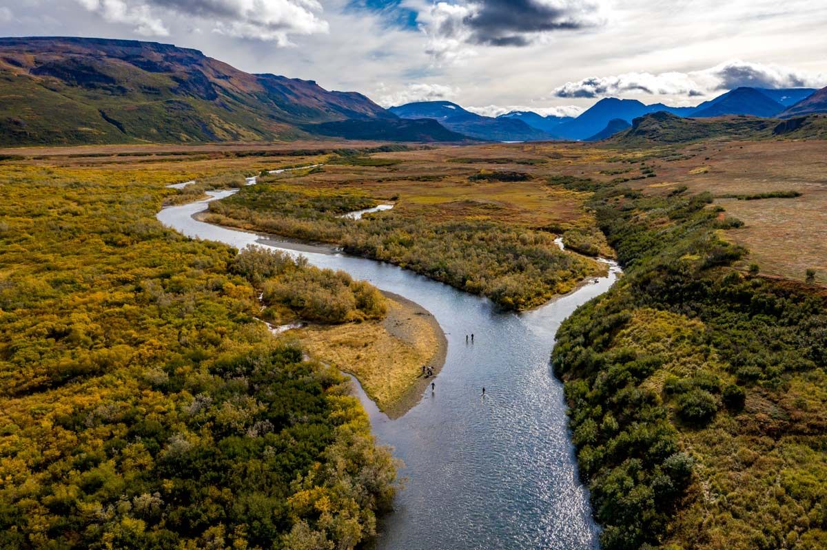 Aerial view of fishing Alaska river