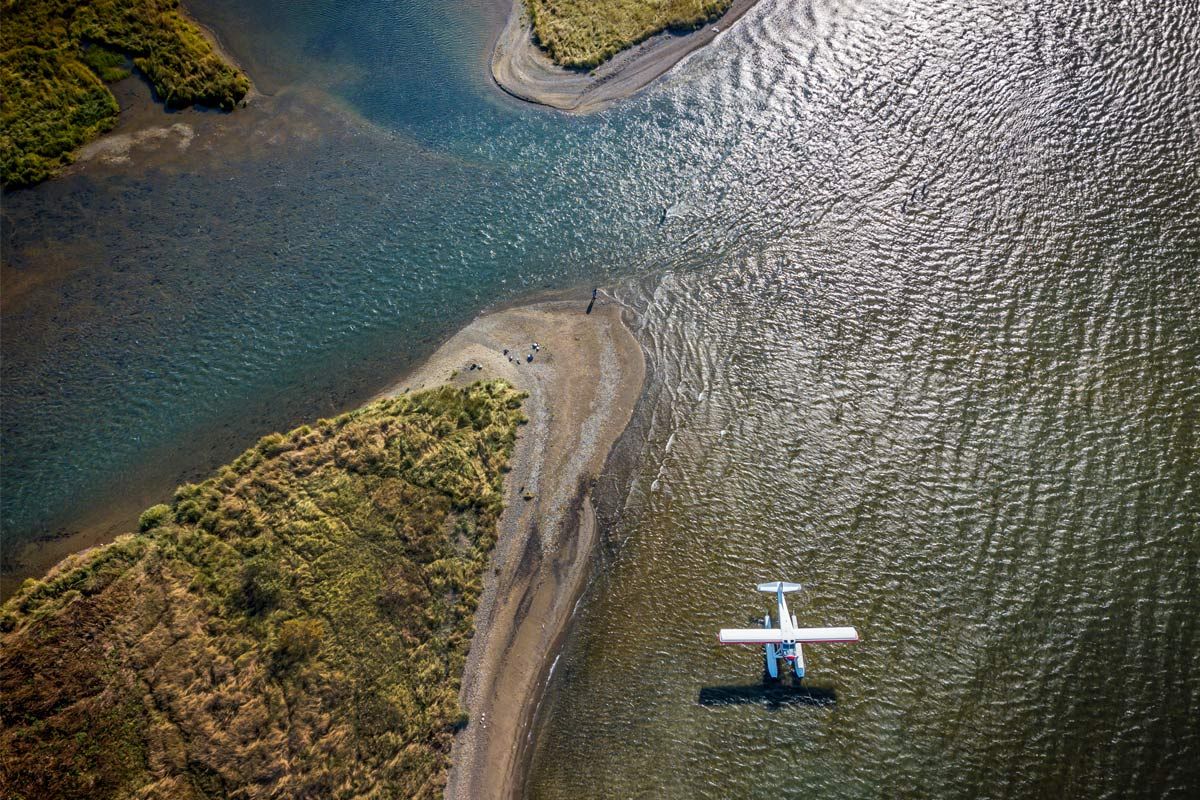Aerial of DeHavilland Beaver parked for fishing